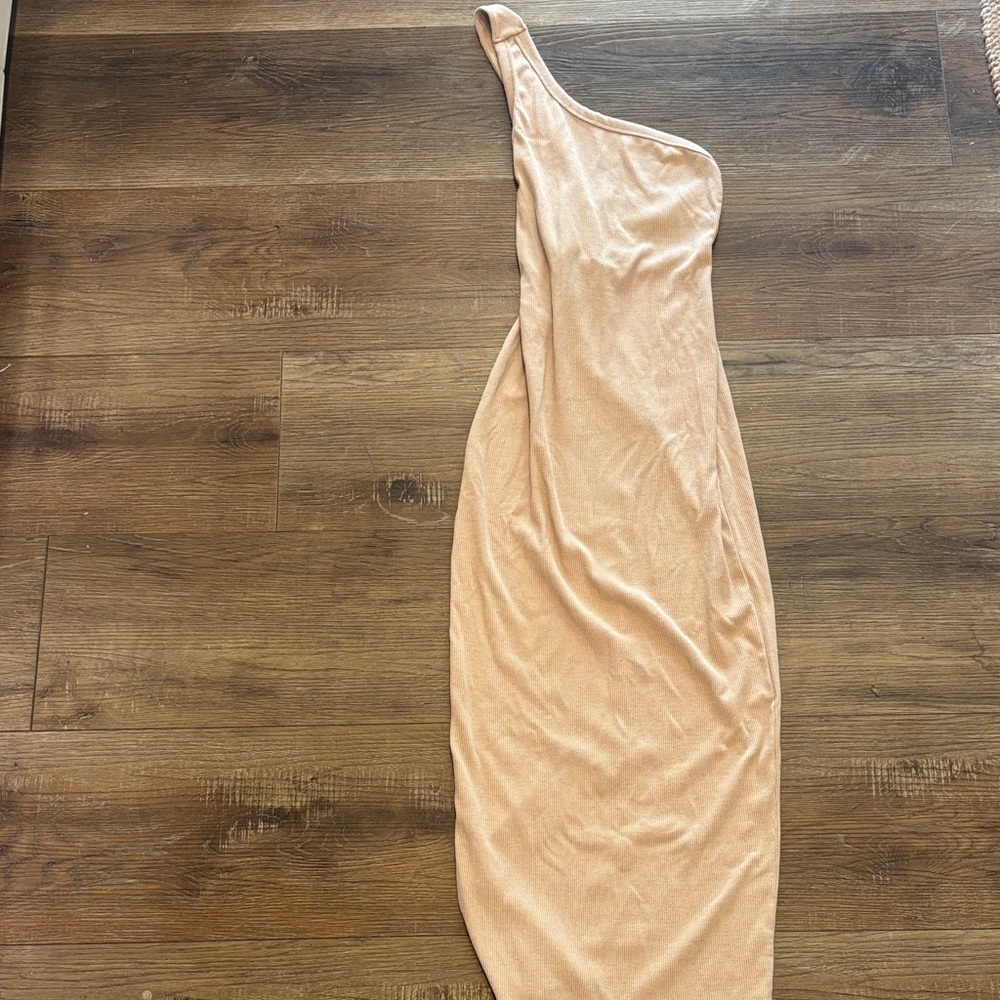 Lulus Chic One-Shoulder Beige Dress with tie knot back